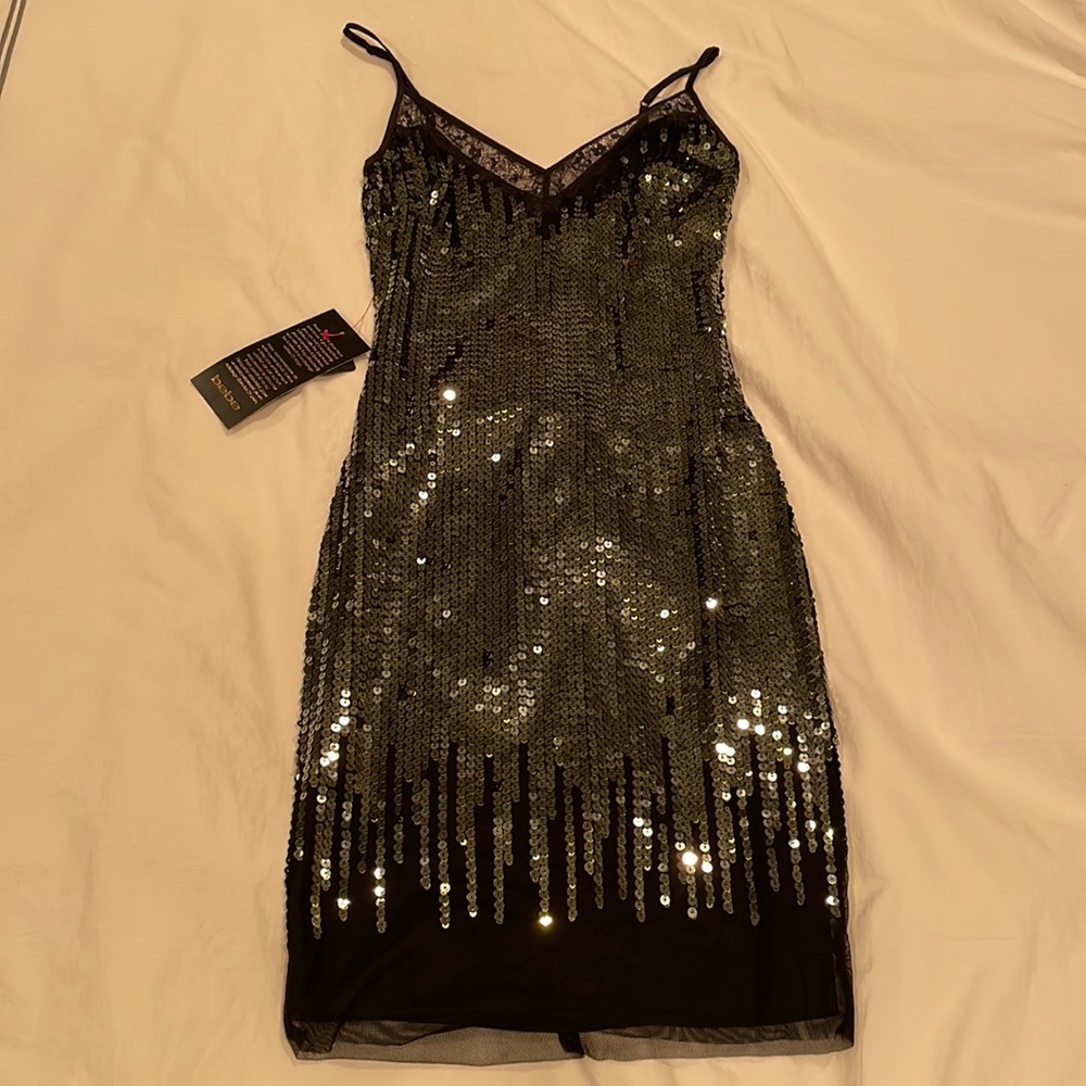 Bebe dress never worn. The sequins are more green than silver.